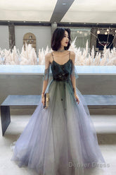 A-Line Ombre Tulle Long Prom Dress, V-Neck Evening Dress